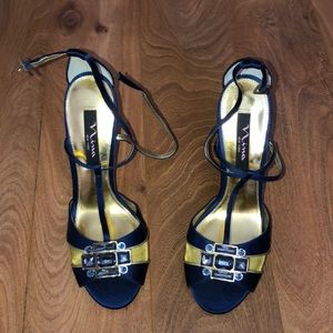 Nina Navy & Gold Heels w/ Jewel Embellishment